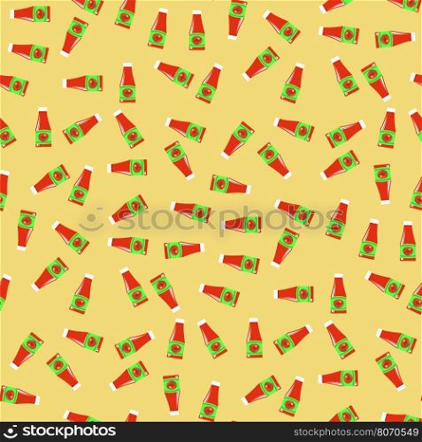 Tomato Ketchup Seamless Pattern. Tomato Ketchup Seamless Pattern on Yellow. Seasoning for Meat Dishes.
