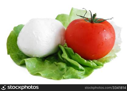 tomato, lettuce and mozzarella cheese over white background