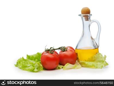 Tomato, lettuce salad and jug of vegetable oil isolated on the white background