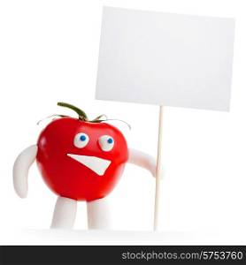 Tomato mascot holding blank card isolated on white background. Tomato mascot holding blank card