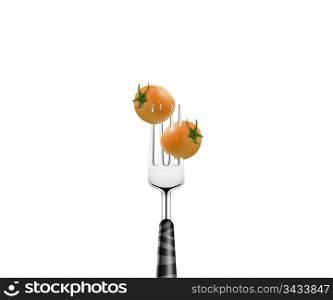 tomato pierced by fork, isolated on white background