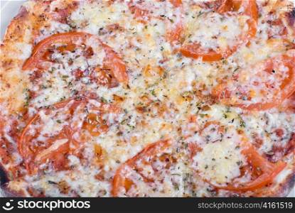 Tomato pizza with tomatoes and spicery closeup