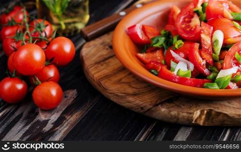 Tomato salad with cucumber, onion and parsley