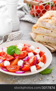 Tomato salad with fresh red onion and feta cheese. Healthy eating