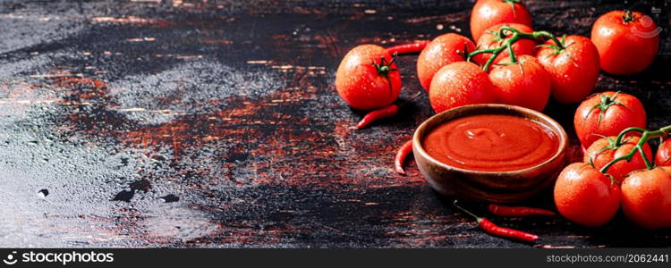 Tomato sauce in a plate with red pepper trays. Against a dark background. High quality photo. Tomato sauce in a plate with red pepper trays.