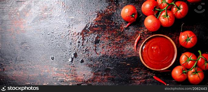 Tomato sauce in a plate with red pepper trays. Against a dark background. High quality photo. Tomato sauce in a plate with red pepper trays.