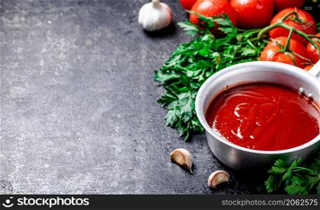 Tomato sauce in a sauce roll with parsley. On a black background. High quality photo. Tomato sauce in a sauce roll with parsley.