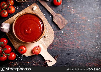 Tomato sauce on a wooden cutting board with garlic and spices. Against a dark background. High quality photo. Tomato sauce on a wooden cutting board with garlic and spices.