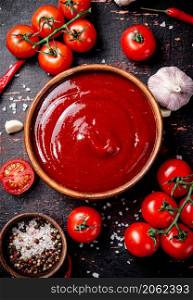 Tomato sauce with garlic and spices. Against a dark background. High quality photo. Tomato sauce with garlic and spices.