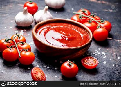 Tomato sauce with spices and garlic. Against a dark background. High quality photo. Tomato sauce with spices and garlic.