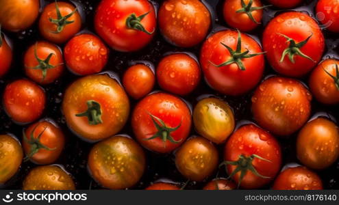 Tomato seamless background with water drops, top view, flat lay. Generative AI. High quality illustration. Tomato seamless background with water drops, top view, flat lay. Generative AI