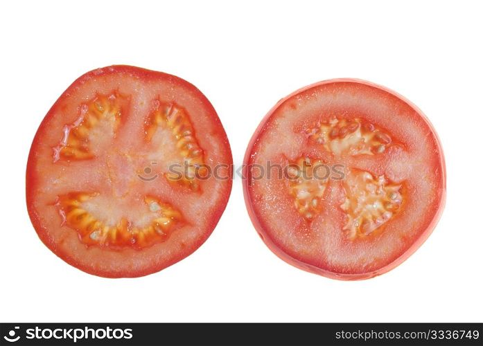 Tomato slices isolated on white background.