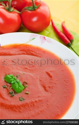 Tomato soup garnished with chives and a sprig of basil. Selective focus on basil. Shallow dof.