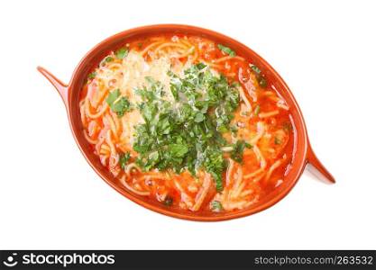 Tomato soup parsley isolated against a white background