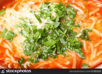 Tomato soup, parsley nature food texture background