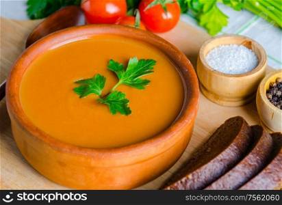 Tomato soup prepared in traditional italian style. The tomato soup prepared in traditional italian style