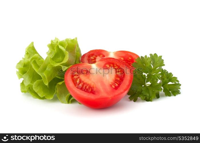 tomato vegetable and lettuce salad isolated on white background