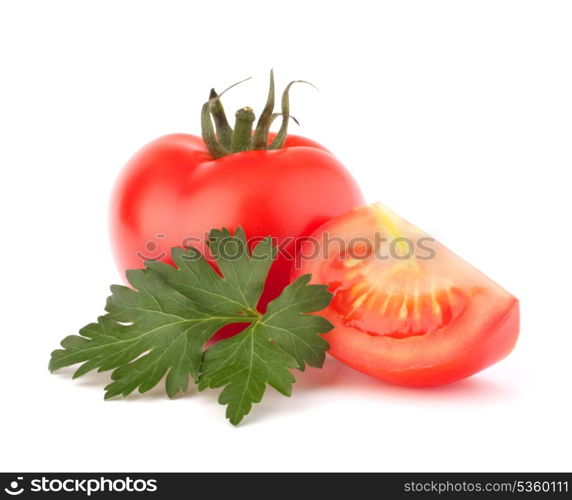 Tomato vegetables and parsley leaves still life isolated on white background cutout