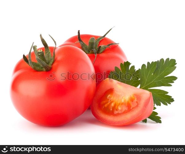 Tomato vegetables and parsley leaves still life isolated on white background cutout