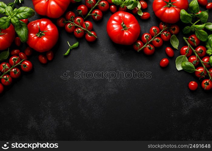 Tomatoes and basil on black background, top view, flat lay