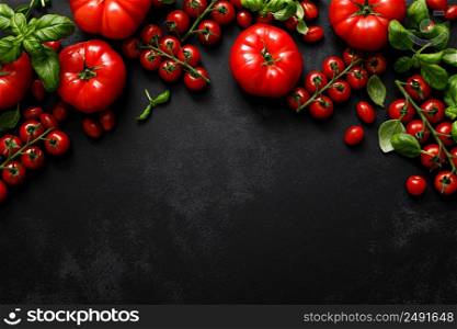 Tomatoes and basil on black background, top view, flat lay