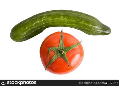 Tomatoes and cucumbers on a white background as phone