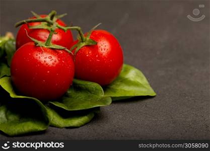 Tomatoes and spinach leaves on black table, close-up, copy space. Tomatoes and spinach leaves on black, close-up, copy space