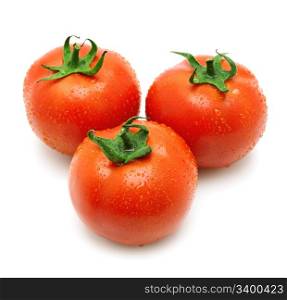 Tomatoes covered with rain drops isolated on white background.