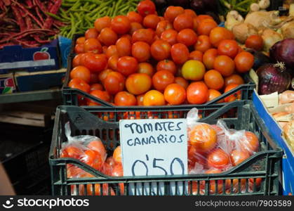 Tomatoes for sale at an open market at Gran Canaria in Spain