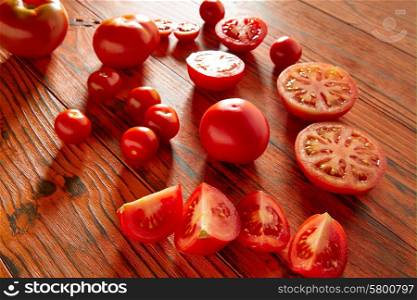 Tomatoes in a red monochrome rustic wooden table
