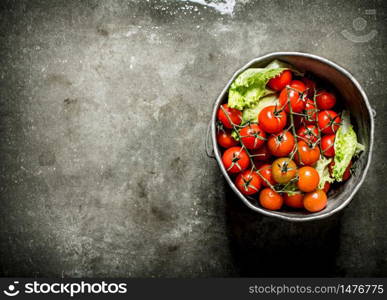 Tomatoes in the old pot. Wet stone background. . Tomatoes in the old pot.