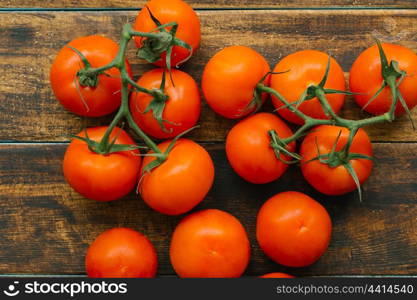 Tomatoes with branch on a wooden rustic background