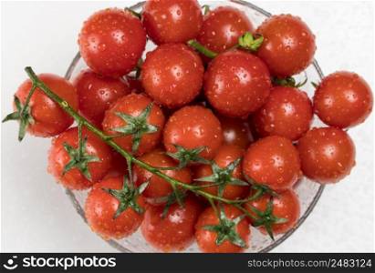 tomatoes with water drops in a glass bowl on a white background, top view. tomatoes in a glass bowl