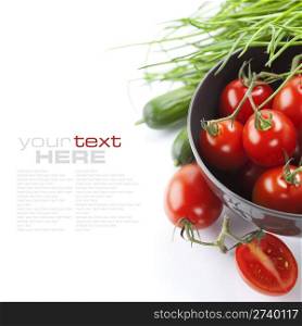 Tomatos, chives and cucumbers on white background (with sample text)