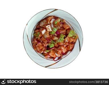 Tomatsild - Norwegian dish of pickled herring, onion and tomato paste