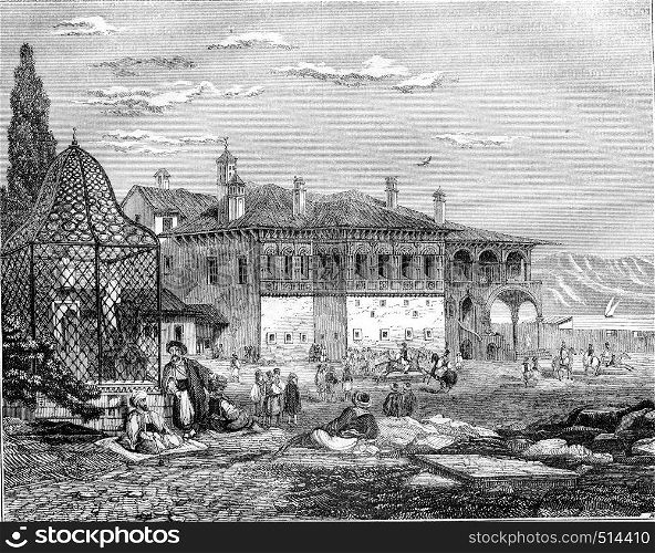 Tomb of Ali Pasha, in a courtyard of the palace of Yanina, vintage engraved illustration. Magasin Pittoresque 1844.