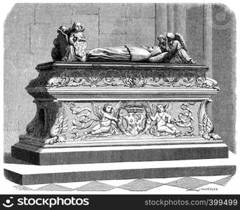 Tomb of the children of Anne of Brittany in the cathedral of Tours, vintage engraved illustration.