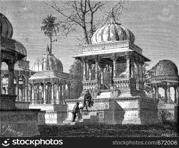 Tombs of the Kings at Maha Sati Ahar, in Udaipur, vintage engraved illustration. Le Tour du Monde, Travel Journal, (1872).