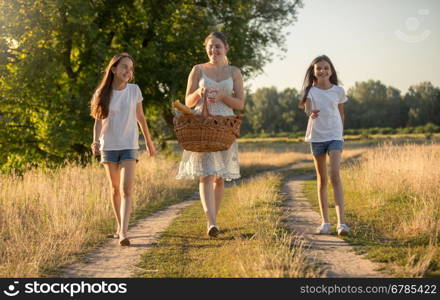 Toned image of beautiful caucasian family walking at meadow to picnic