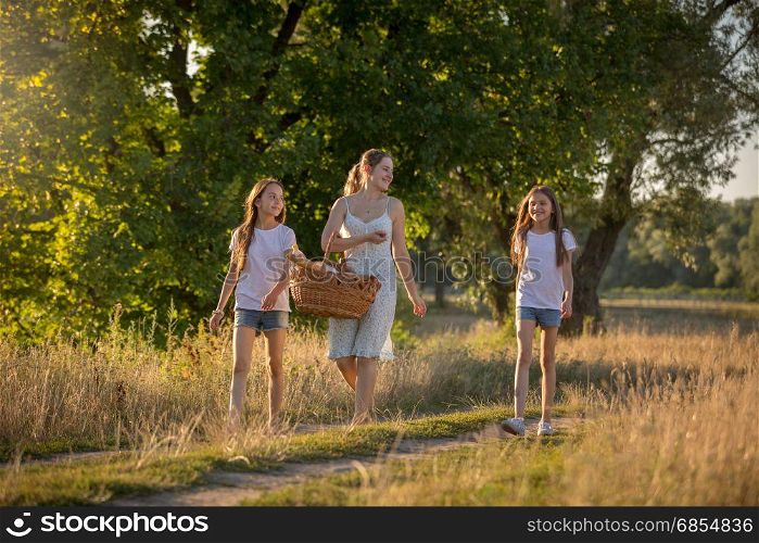 Toned image of happy family walking at meadow to picnic