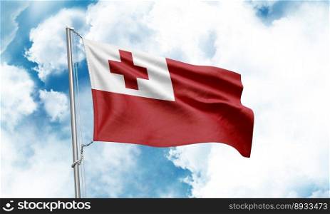 Tonga flag waving on sky background. 3D Rendering