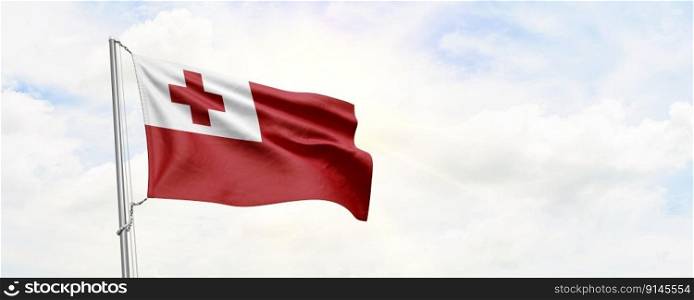 Tonga flag waving on sky background. 3D Rendering
