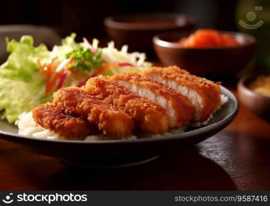 Tonkatsu pork and rice with vegetables and sauce on table.AI Generative