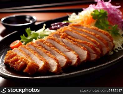 Tonkatsu pork and rice with vegetables and sauce on table.AI Generative