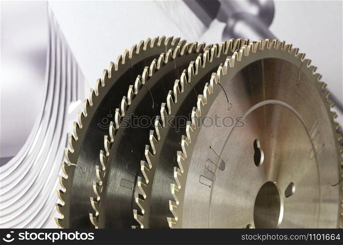 Tool for woodworking, a segment of circular saws with carbide brazing for cutting wood close-up.. Segment of circular saws for cutting wood closeup.