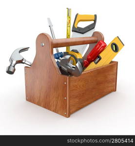 Toolbox with tools. Skrewdriver, hammer, handsaw and wrench. 3d