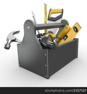 Toolbox with tools. Skrewdriver, hammer, handsaw and wrench. 3d