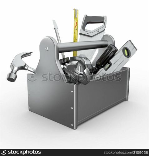 Toolbox with tools. Skrewdriver, hammer, handsaw and wrench. 3d