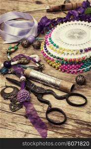 Tools and accessories for sewing and needlework. elements of needlework