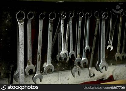 Tools in a repair shop, socket wrenches in various sizes